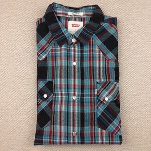 Levis Standard Fit Western Shirt/Red & Blue Plaid w/Pearl Snaps/Men's Size Large